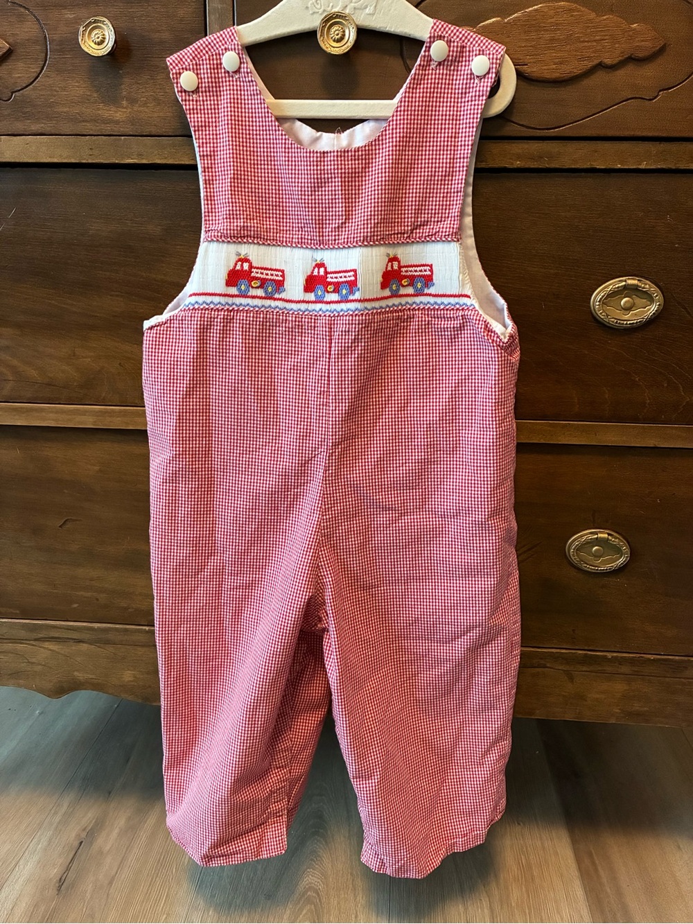 Red Gingham Smocked Firetruck Romper for Kids